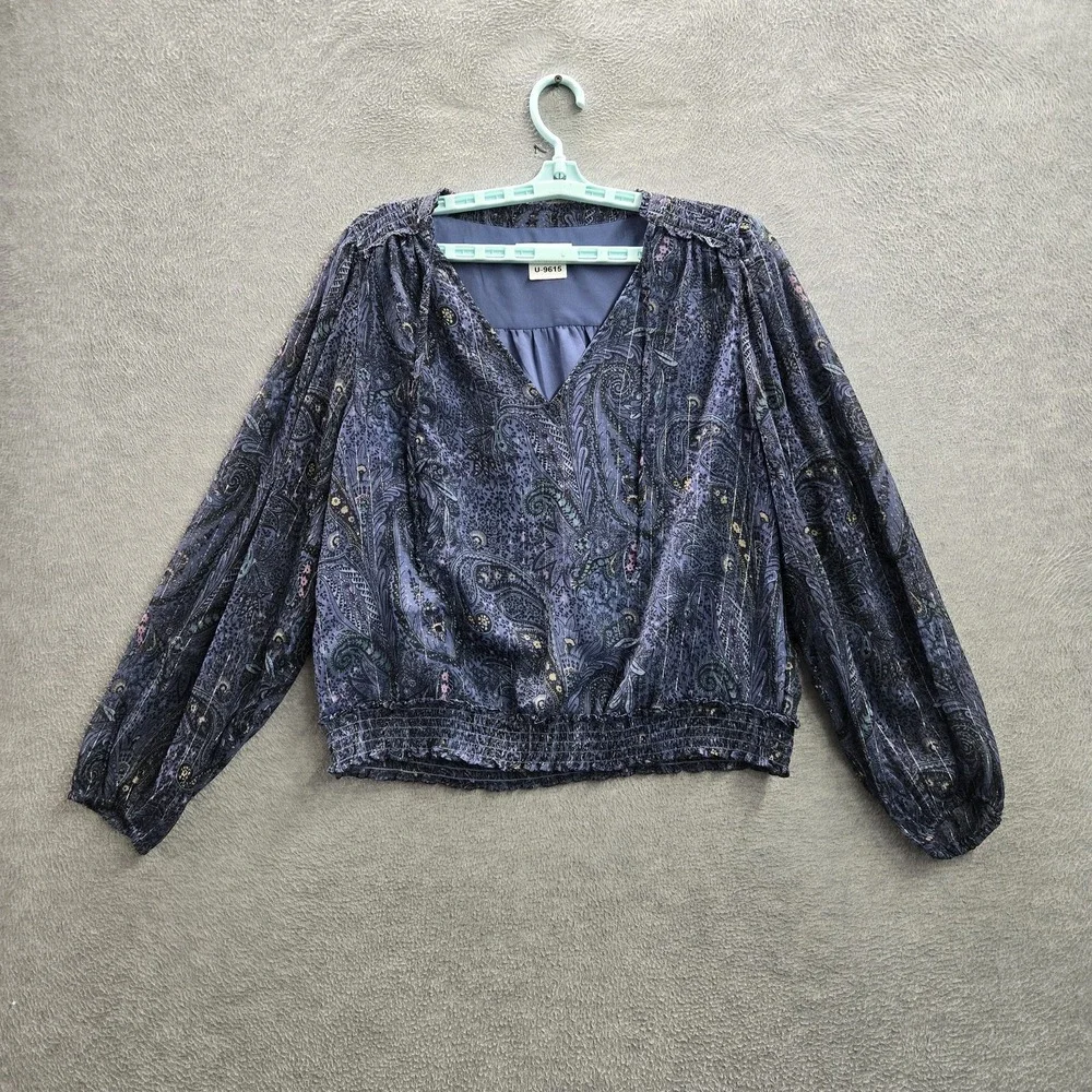 Lucky‎ Brand Women Blouse L Blue Paisley Sheer Chiffon Bubble Hem